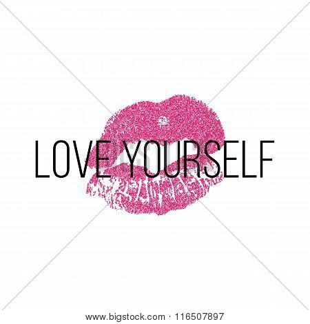 Poster with pink lips prints on white background.