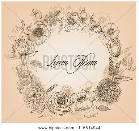 Beautiful card with a round floral wreath of vintage garden.