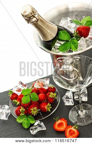 Champagne And Two Glasses, Strawberries. Festive Arrangement