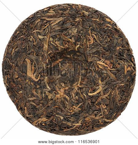 Sheng Puerh Cake Isolated On White, Closeup
