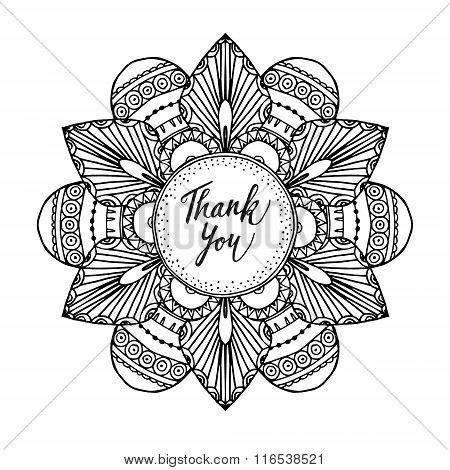 Ornamental Greeting Card With Hand Drawn Zentangle Inspired Mandala And Thank You Text, Line Art