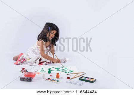 indian girl drawing, indian girl painting,asian girl colouring, paint brush and indian girl