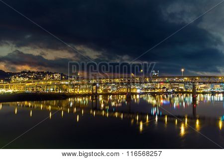 Marquam Bridge Over Willamette River At Night