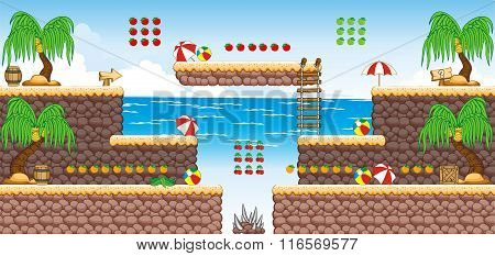 Tile set Platform for Game - A set of layered vector game asset, 
contains backgorund, ground tiles and several items / objects / decorations,
used for creating mobile games