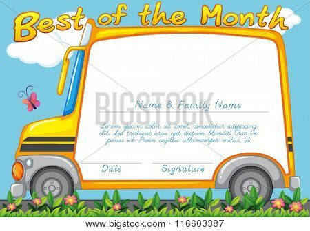 Certificate design with school bus background illustration