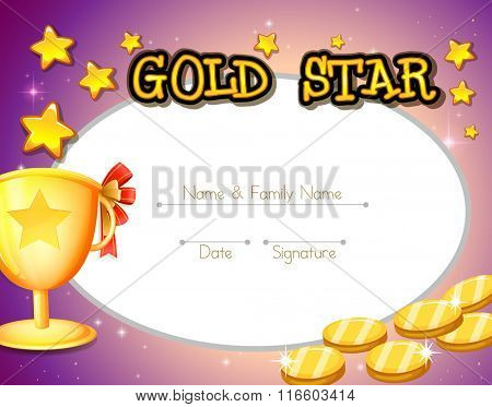 Certificate design with golden coins and trophy illustration