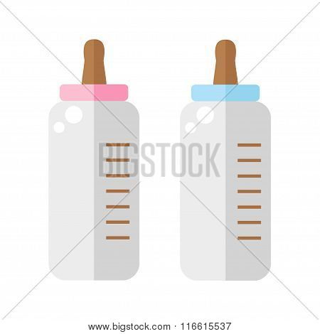 Baby bottles set on white background. Baby bottles icon. Feeding bottle icon. Flat style vector illustration.
