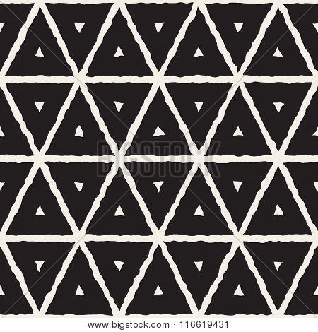 Vector Seamless Black And White Hand Painted Line Geometric Triangle Grid Pattern