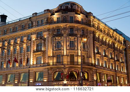 MOSCOW, RUSSIA - January 10.2016. Hotel National in the Mokhovaya street near  Kremlin at night