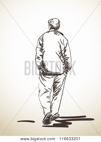 Sketch of walking man with hands in his pockets, Hand drawn illustration