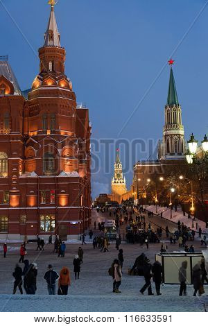 Moscow, Russia - January 10.2016.  People walk on Red Square from the Manezh