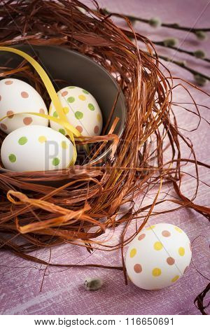 Composition With Easter Eggs In Nest, On  Pink  Batskground, Tin