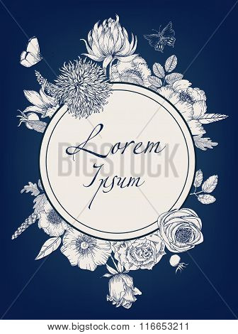 Beautiful card with a round floral wreath of vintage garden.
