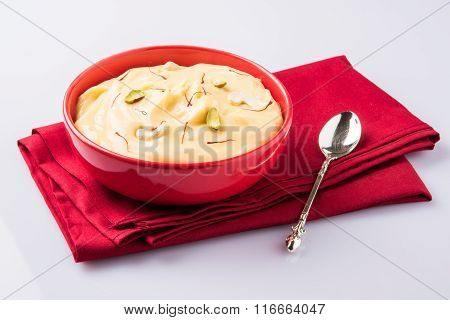indian dessert or indian sweet Shrikhand, made up of strained yogurt or chakka, popular in maharasht