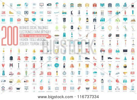Flat collection set icons of business, social, eco, bank, farm, fashion, tool, medicine, travel, can