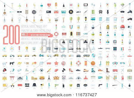 Flat big collection set icons of medical, army, war, shoe, nature, news, draw, police, rafting, room