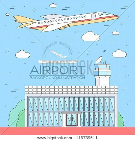 flat building airport with flying plane tour concept background.  Vector illustration for colorful t