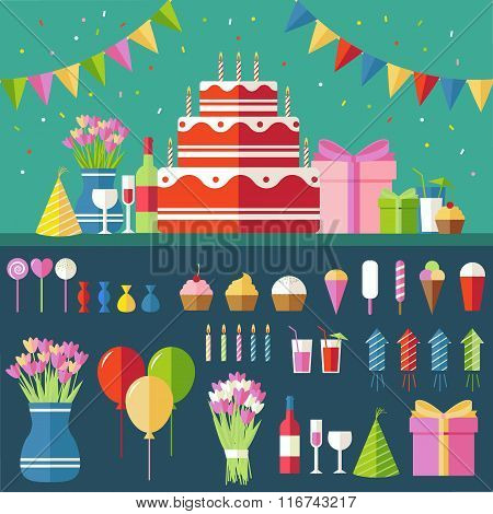 Flat happy Birthday festive background with confetti icons set. Party and celebration design element