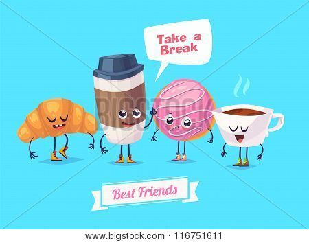 Set of breakfast characters. Vector cute cartoons