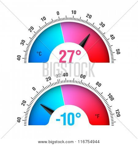 Celsius and Fahrenheit round thermometers. Vector.