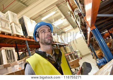 Warehouseman scanning products ready for delivery