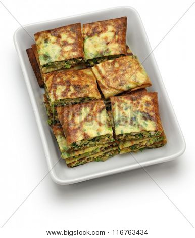 homemade martabak telur, indonesian street food.
fried wrap filled with eggs,minced meat, and vegetables.
