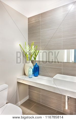 A Decoration Of A Bath Room Using Green Plant With White Flowers In The Vase