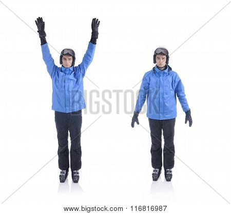 Skiier Demonstrate Warm Up Exercise For Skiing. Arm Circle.