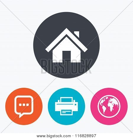 Home main page and globe signs. Printer, chat