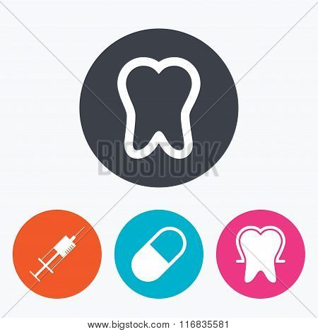 Tooth enamel icons. Medical syringe and pill.