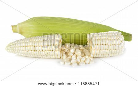 Uncooked White Corn Wil Leaf On White Background