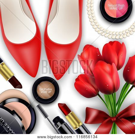 Sets of cosmetics background with red tullips