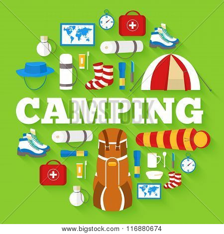 Camping equipment set circle infographics template concept. Icons design for your product or design,