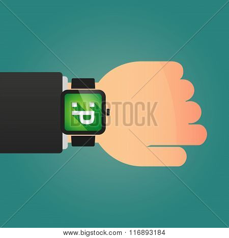 Man Showing A Smart Watch With A Emotionless Text Face