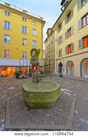 Fountain with sheep statue in the Old City of Chur. Chur is the capital of canton Graubunden in Switzerland. It lies in Alpine Grisonian Rhine valley. The city is the oldest town of Switzerland