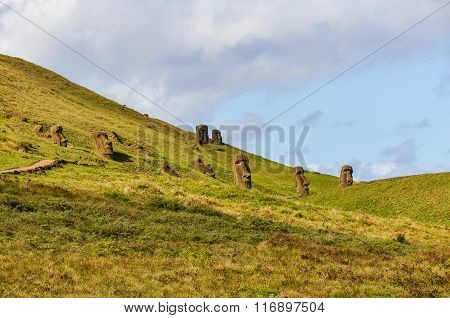Moai Statues In Rano Raraku Volcano, Easter Island, Chile