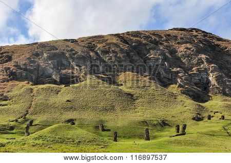 Moai Statues In Rano Raraku Volcano, Easter Island, Chile