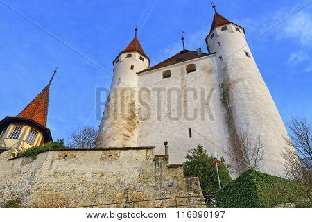 THUN SWITZERLAND - JANUARY 1 2014: View on Thun Castle at stone steps. Thun Castle is a Castle Museum in the Thun city in the Swiss canton of Bern where the Aare river flows out of Lake Thun