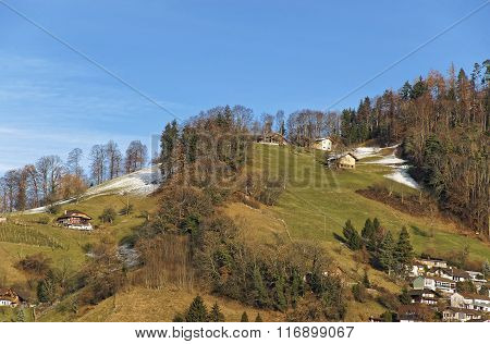 Panoramic View Of Hill With Houses In Thun In Winter