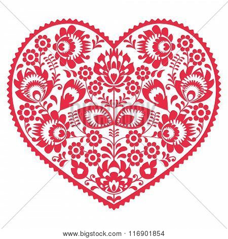 Valentines Day folk art red heart - Polish pattern Wzory Lowickie, Wycinanki