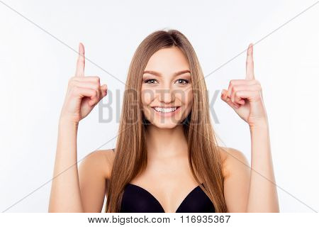 Pretty Girl In Black Bra Pointing Up, Close Up Photo