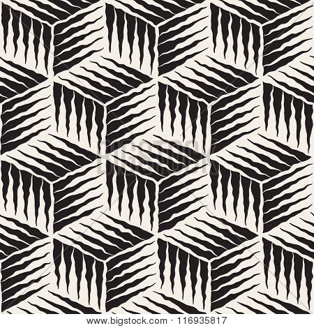 Vector Seamless Black And White Hand Painted Line Geometric Cube Rough Engraving Pattern
