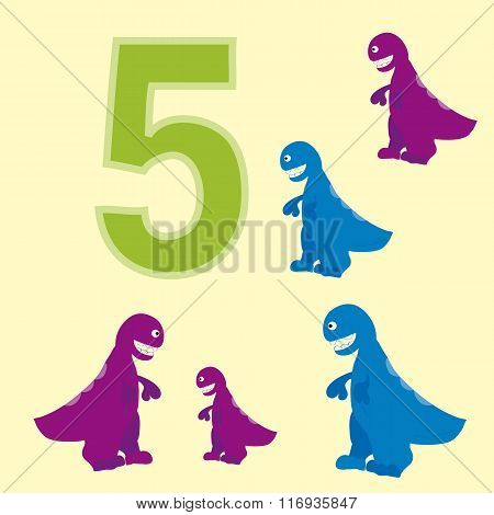The Number 5. Five Dinosaurs (t-rex ).