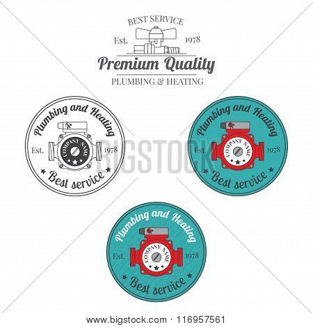 Set Of Plumbing And Heating Vintage Labels. Outdoor For You Company Logo Design. Central Heating Sys