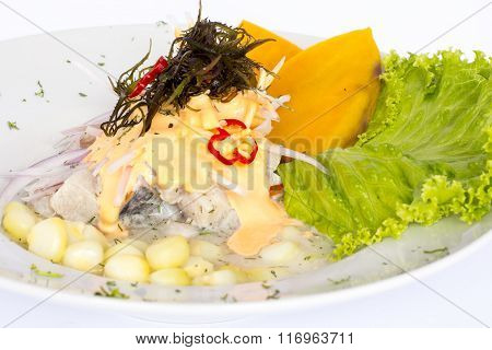 Peruvian food: Fish ceviche in rocoto cream.
