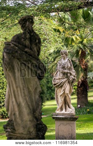 Beautiful stone sculptures in park of Tettuccio Terme Spa in Montecatini Terme, Italy