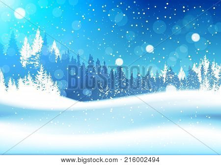 Night In Winter Forest Woodland Landscape Falling Snow Snowy Pine Tree Woods Background Flat Vector Illustration