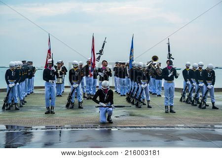 Pattaya Thailand - November 15 2017: Thai navy demonstating Fancy Drill in International Fleet Review 2017 at the beach of Pattaya Thailand.