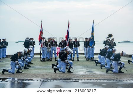 Pattaya Thailand - November 15 2017: Thai navy demonstating Fancy Drill in International Fleet Review 2017 at the beach of Pattaya Thailand.