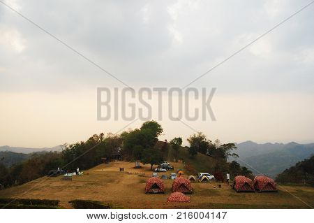 Travelers Thai People Travel With Camping And Rest In Tent At Top Of Mountain Doi Samer Dao And Pha